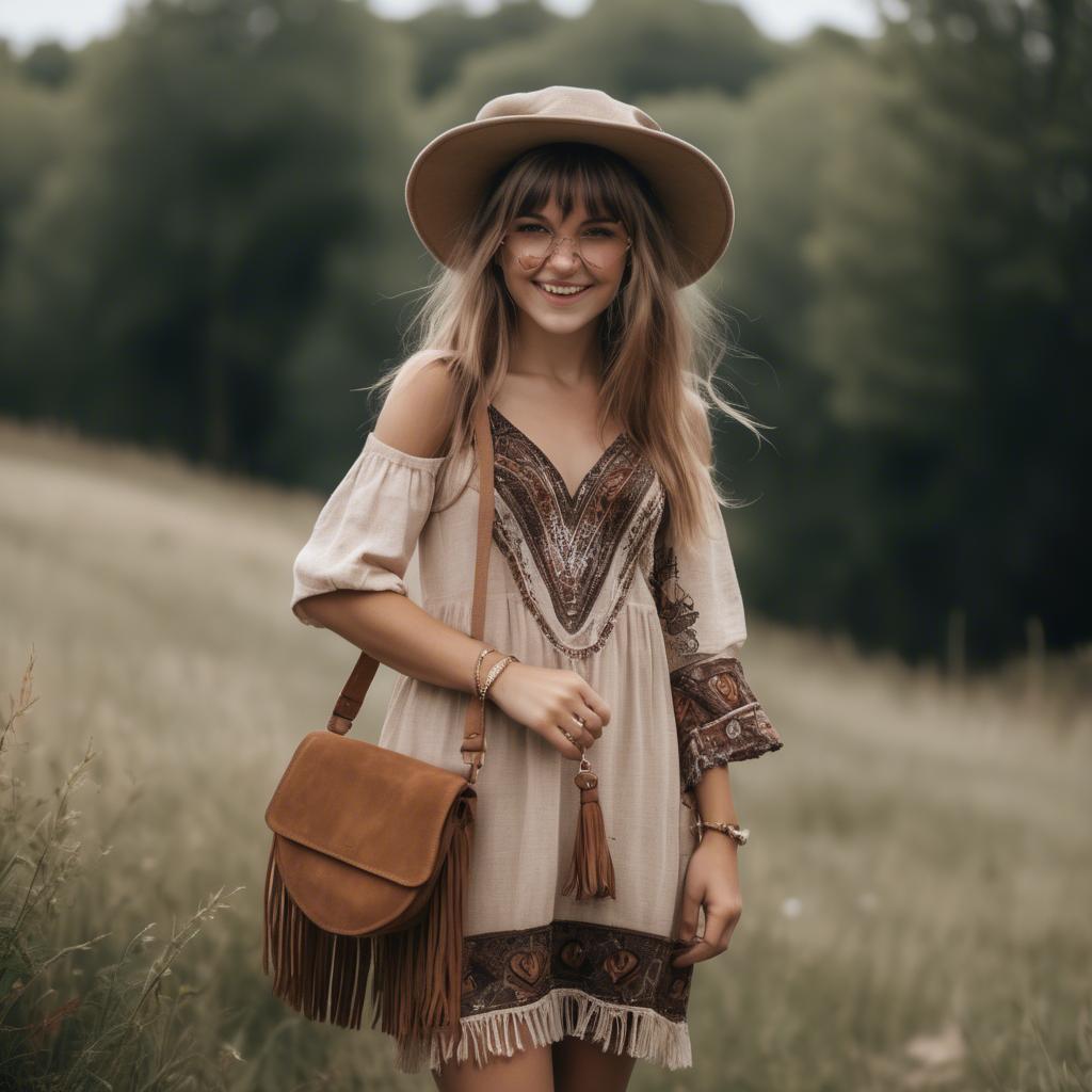 A stunning image of charming girl in a boho dress with a fringe bag.