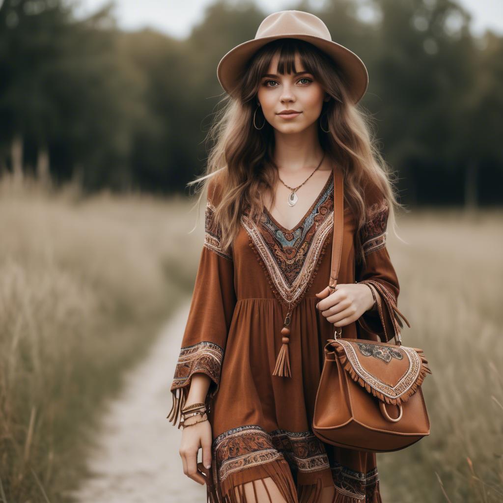 A stunning image of charming girl in a boho dress with a fringe bag.