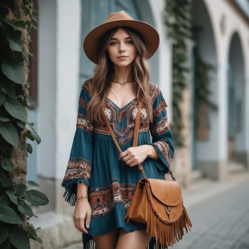 A stunning image of charming girl in a boho dress with a fringe bag.