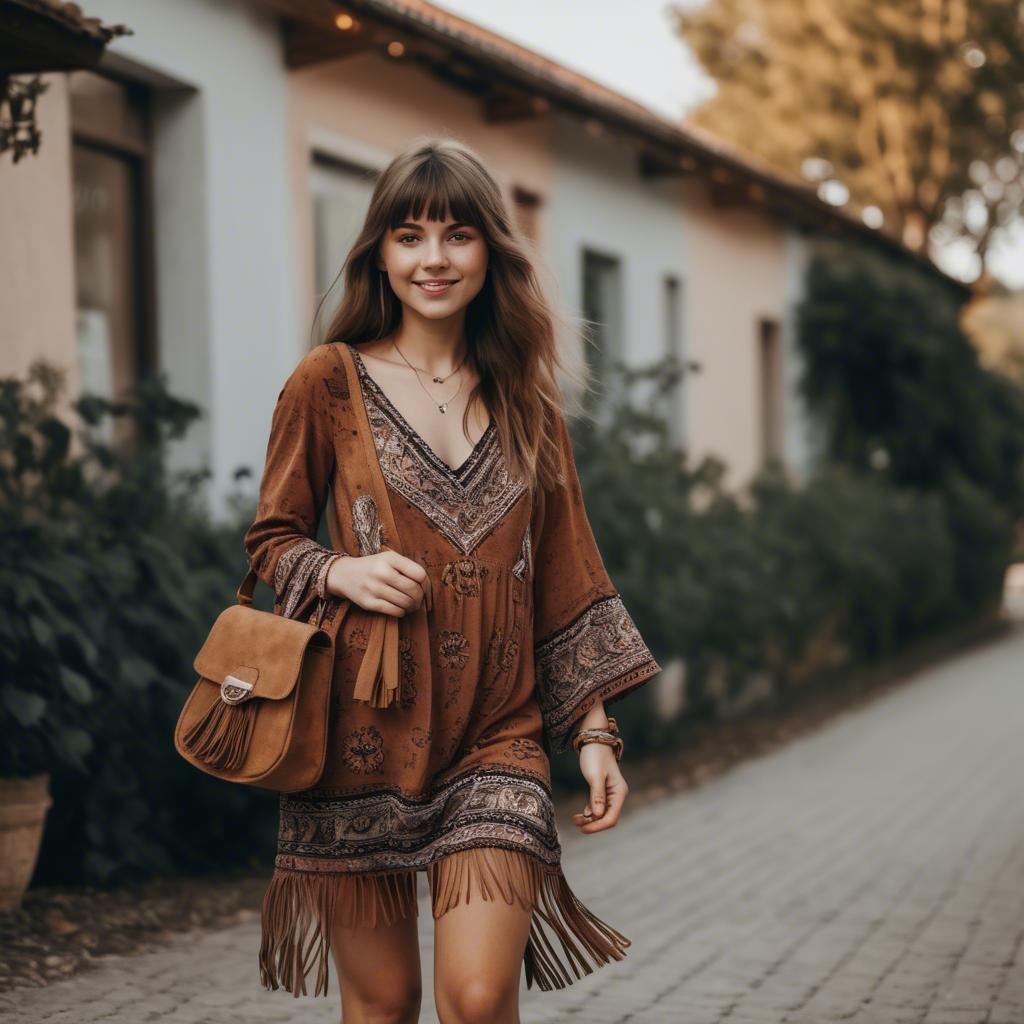 A stunning image of charming girl in a boho dress with a fringe bag.