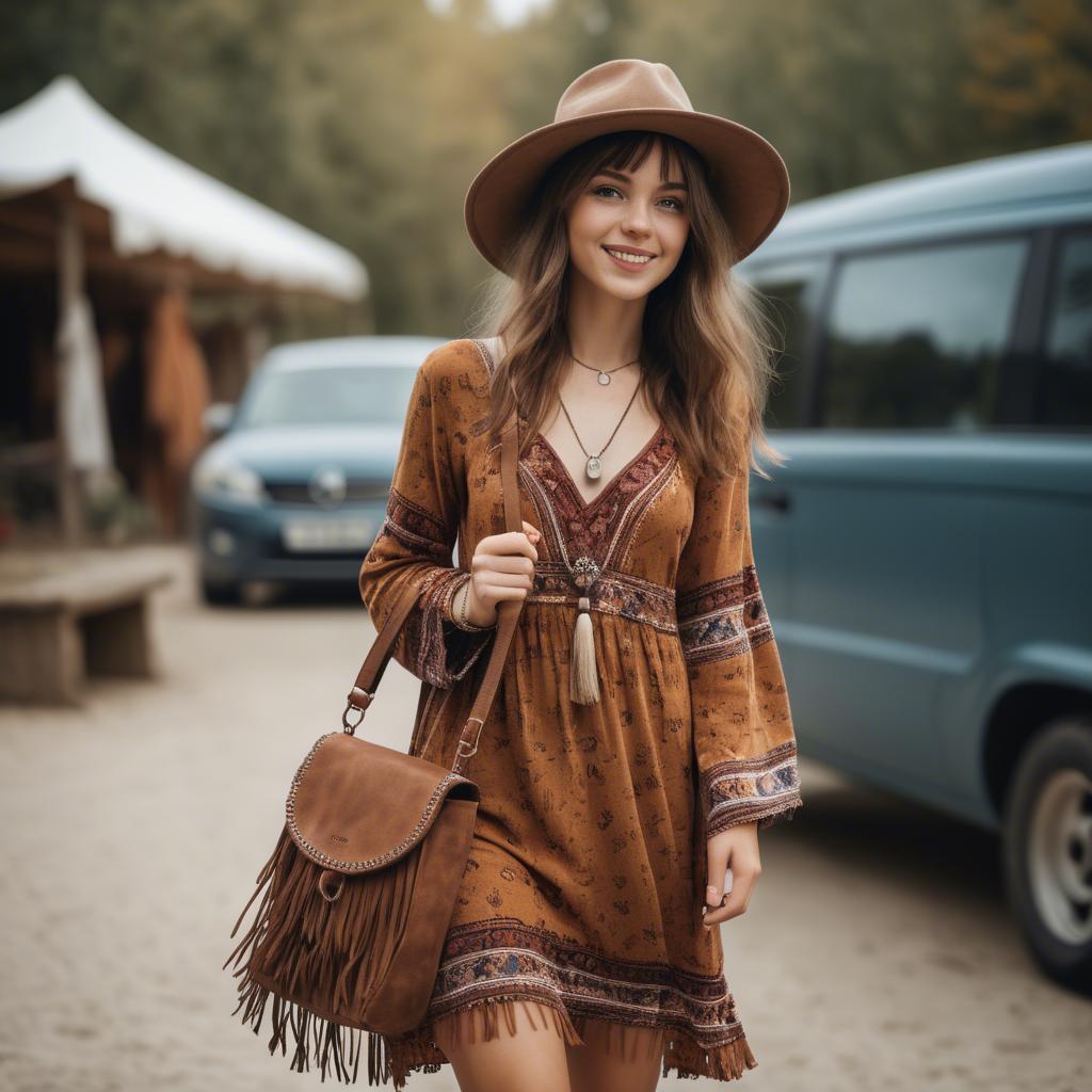 A stunning image of charming girl in a boho dress with a fringe bag.