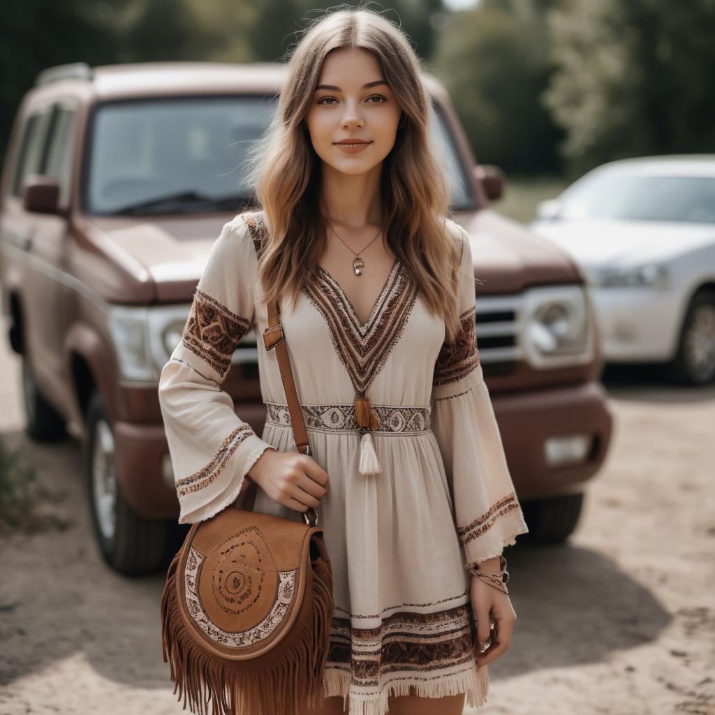 A stunning image of charming girl in a boho dress with a fringe bag.