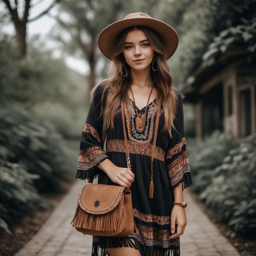 A stunning image of charming girl in a boho dress with a fringe bag.