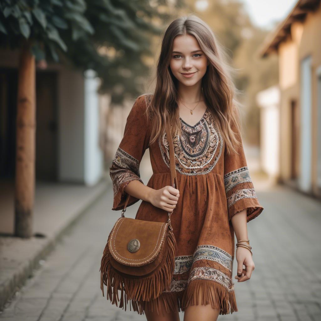 A stunning image of charming girl in a boho dress with a fringe bag.