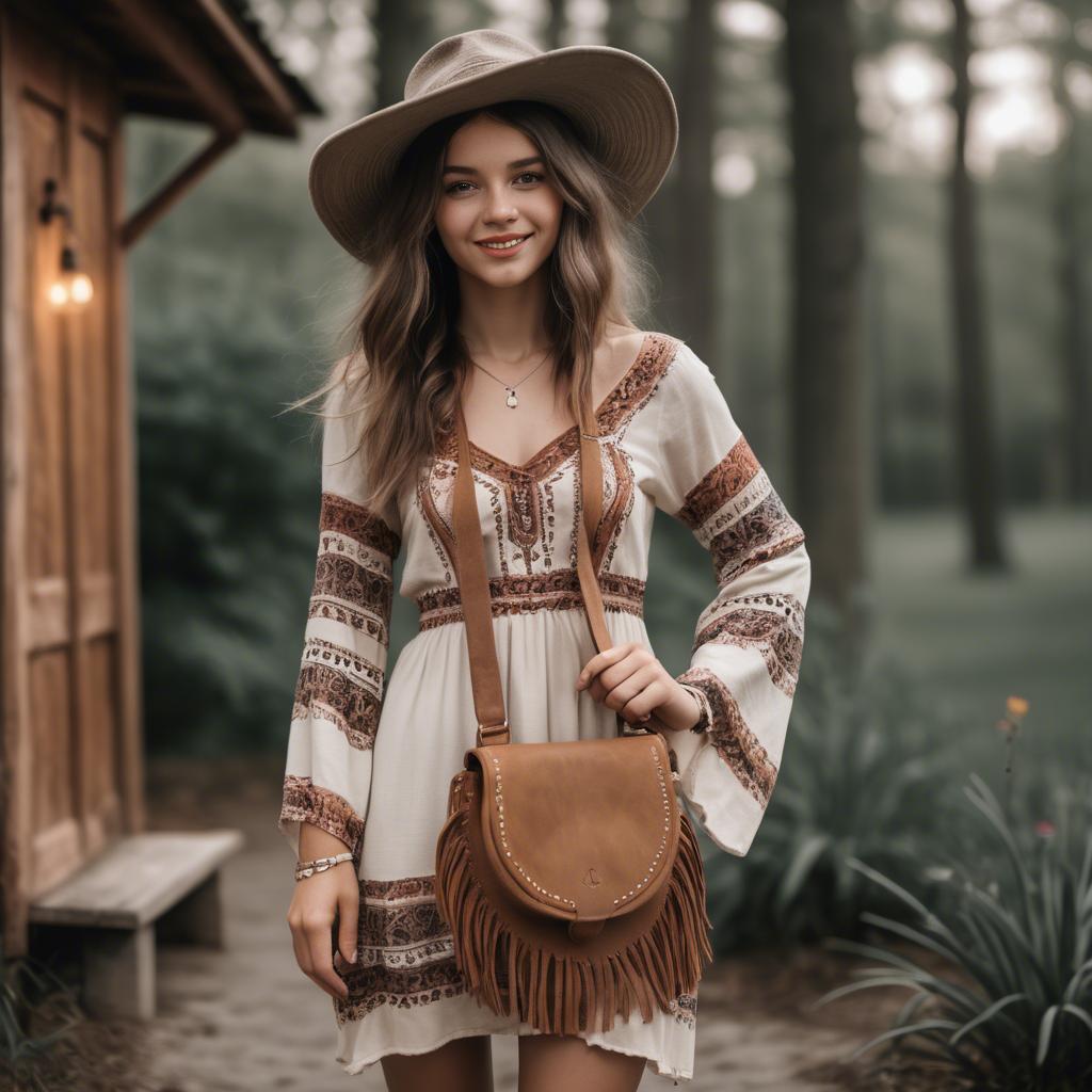 A stunning image of charming girl in a boho dress with a fringe bag.