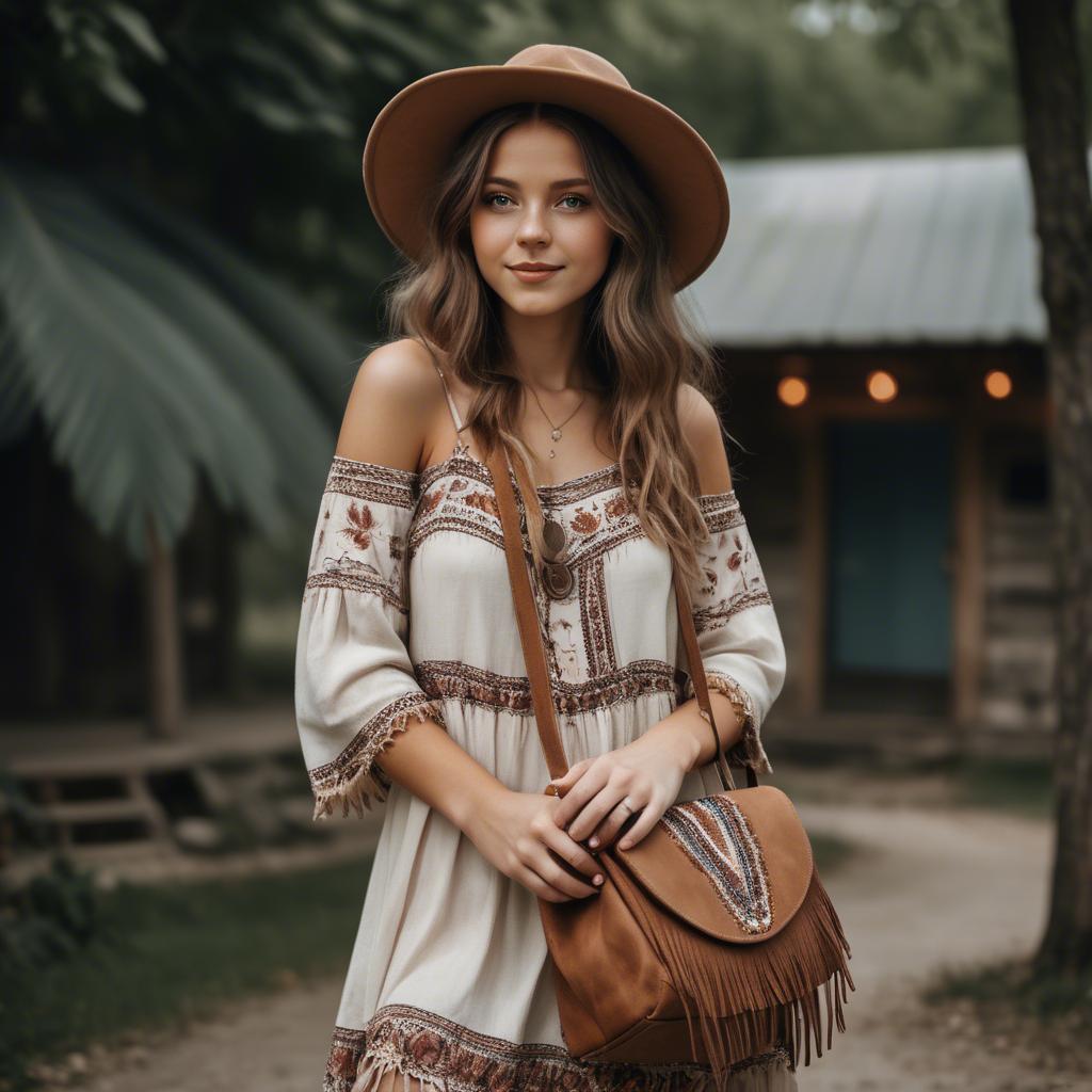 A stunning image of charming girl in a boho dress with a fringe bag.