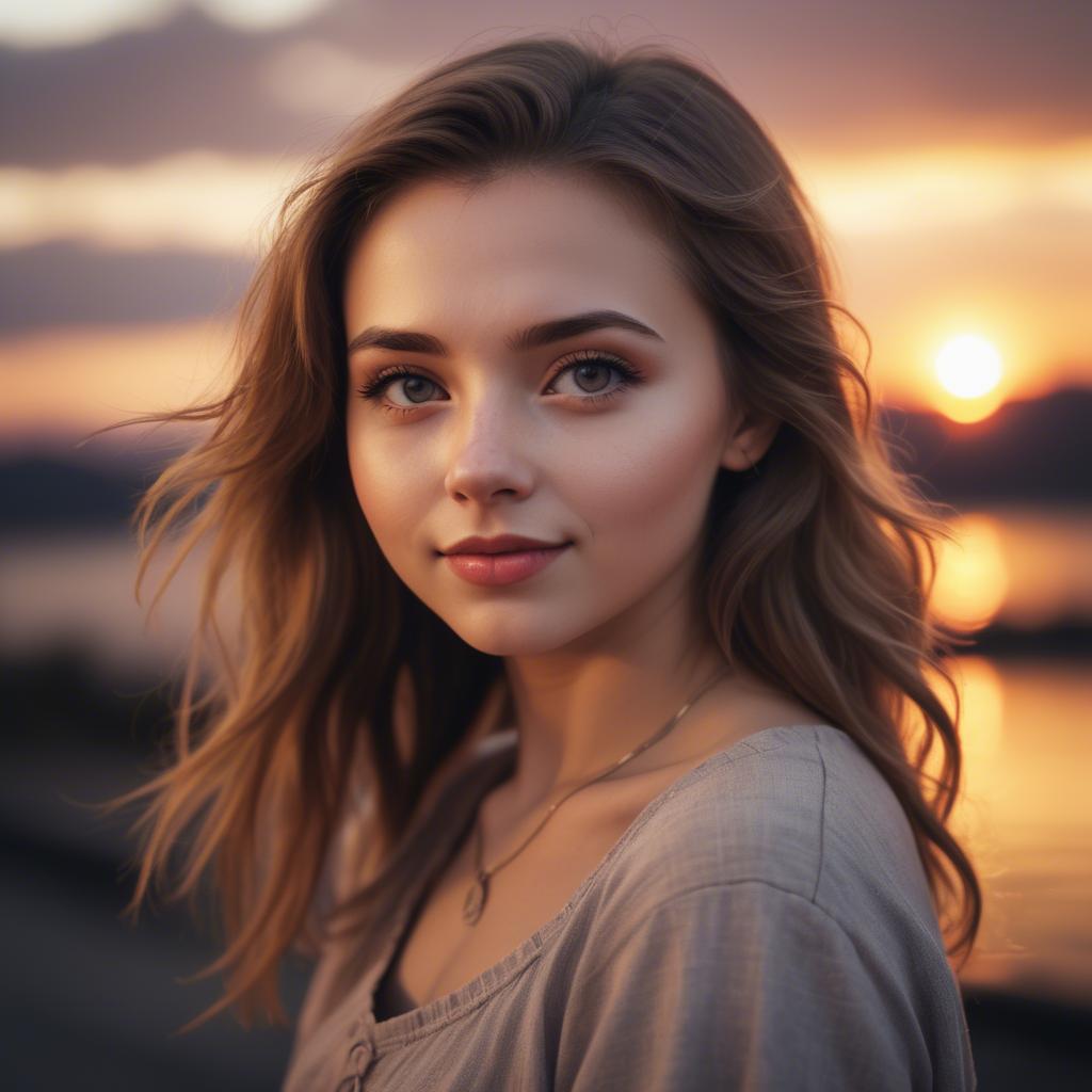 A stunning image of charming girl with a sunset background.