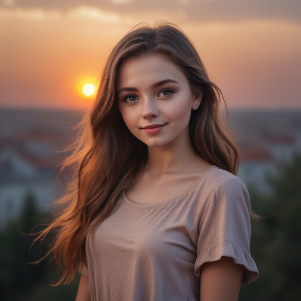 A stunning image of charming girl with a sunset background.