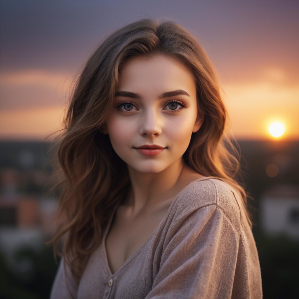 A stunning image of charming girl with a sunset background.