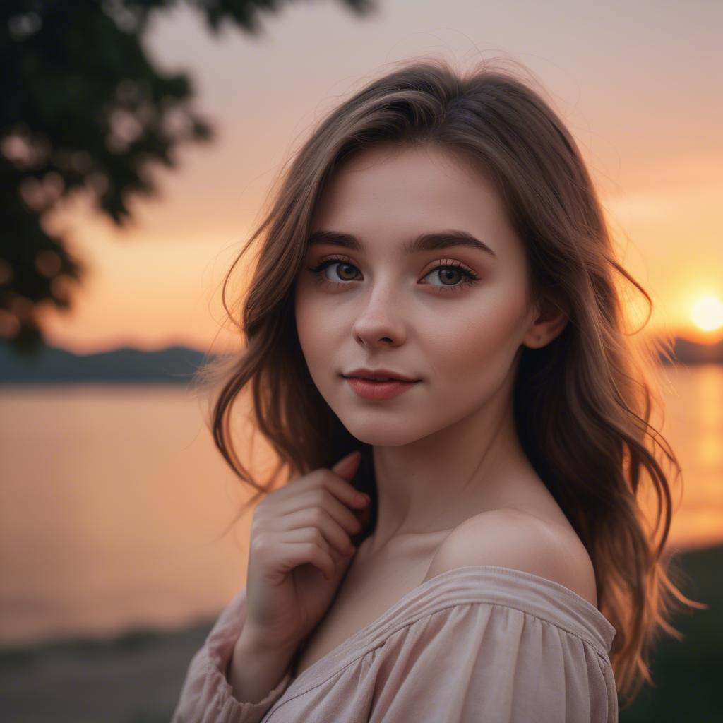 A stunning image of charming girl with a sunset background.