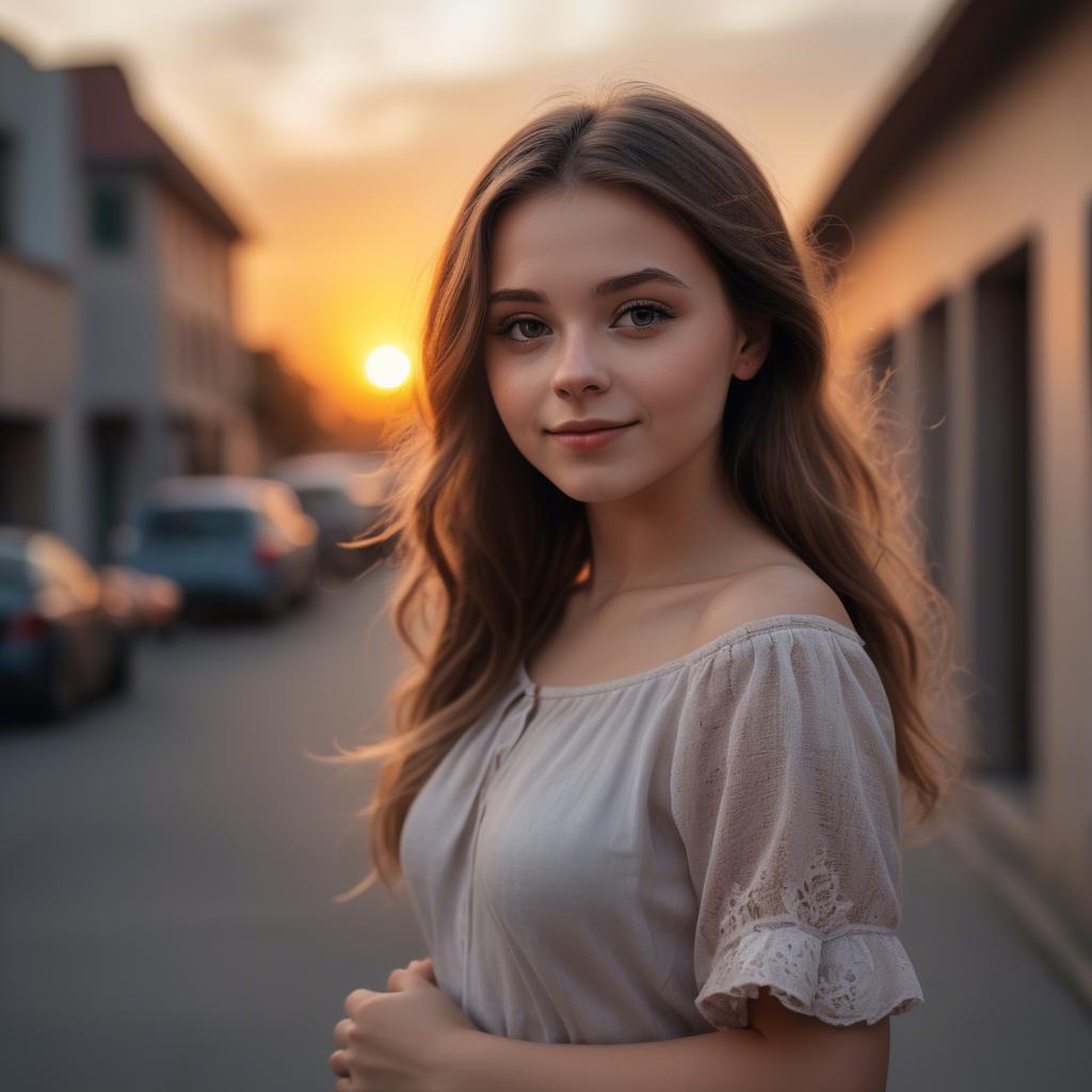 A stunning image of charming girl with a sunset background.