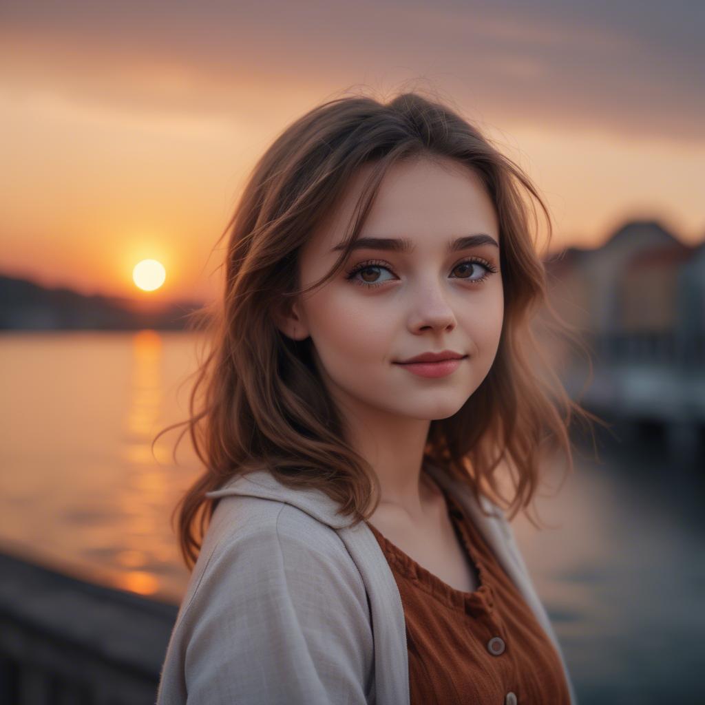 A stunning image of charming girl with a sunset background.