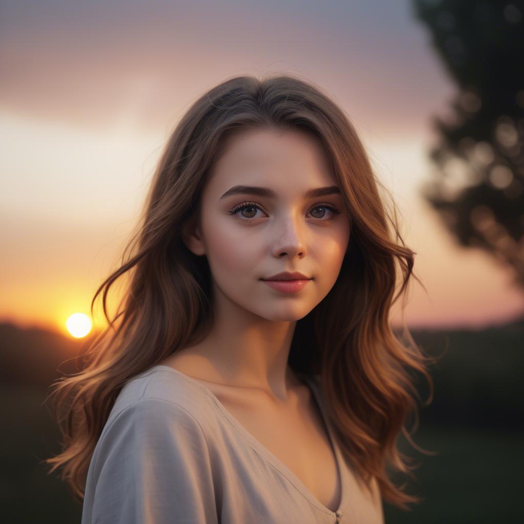 A stunning image of charming girl with a sunset background.