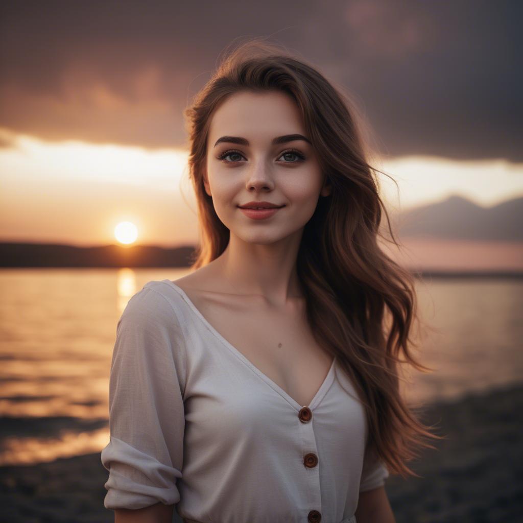 A stunning image of charming girl with a sunset background.