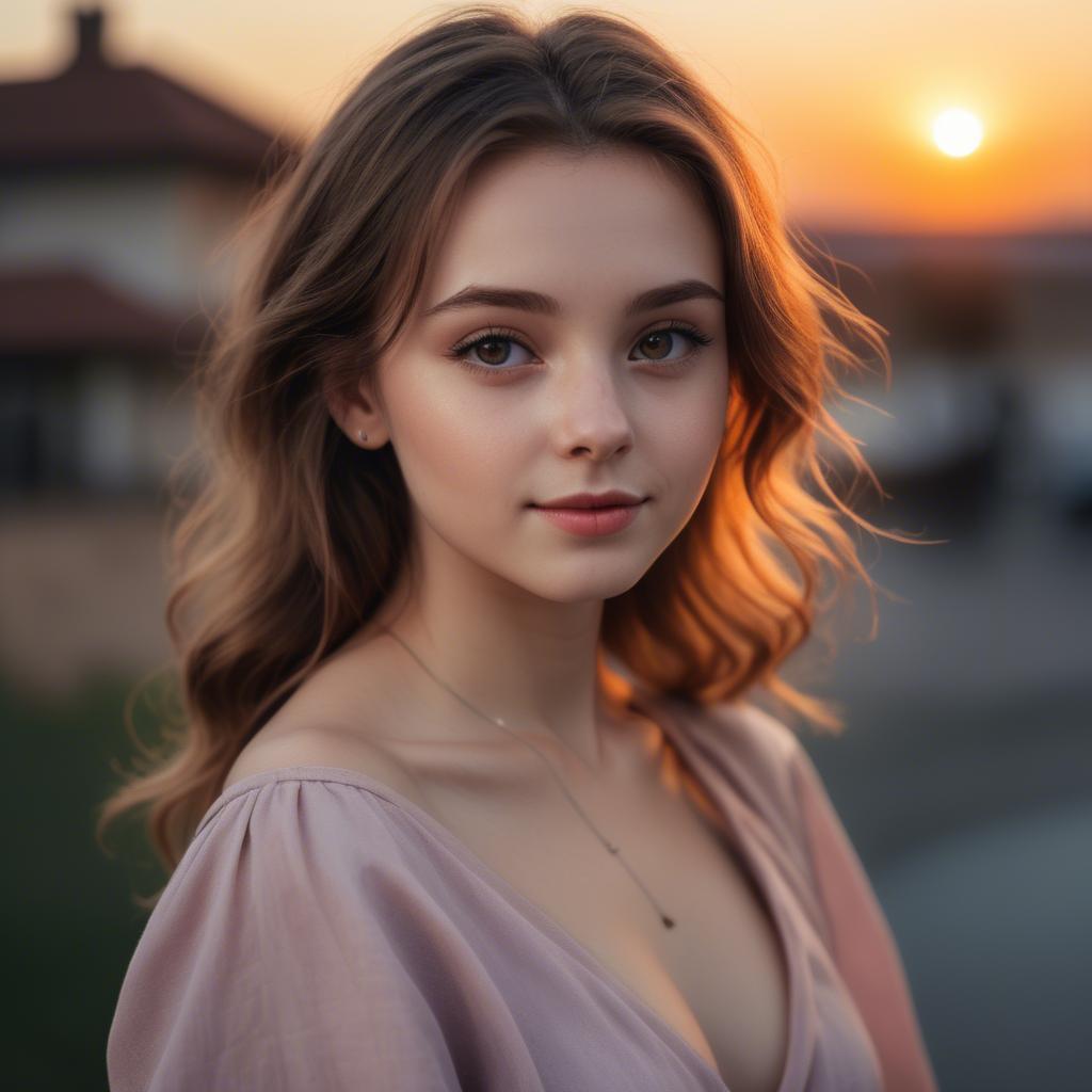A stunning image of charming girl with a sunset background.