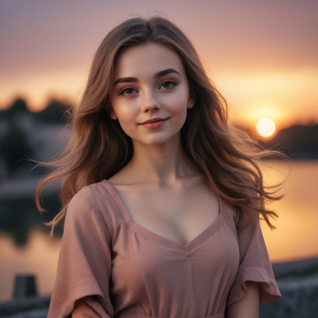 A stunning image of charming girl with a sunset background.