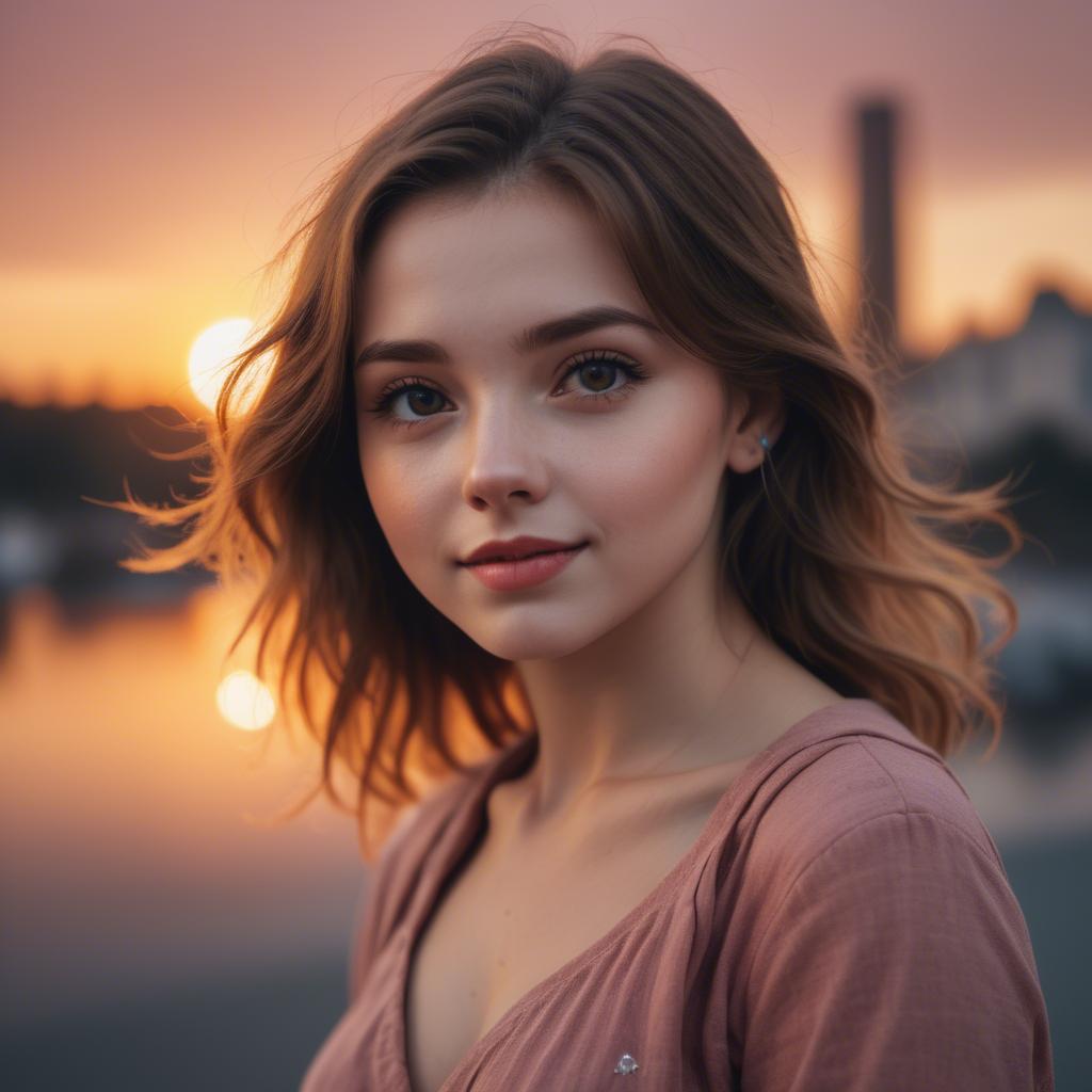 A stunning image of charming girl with a sunset background.