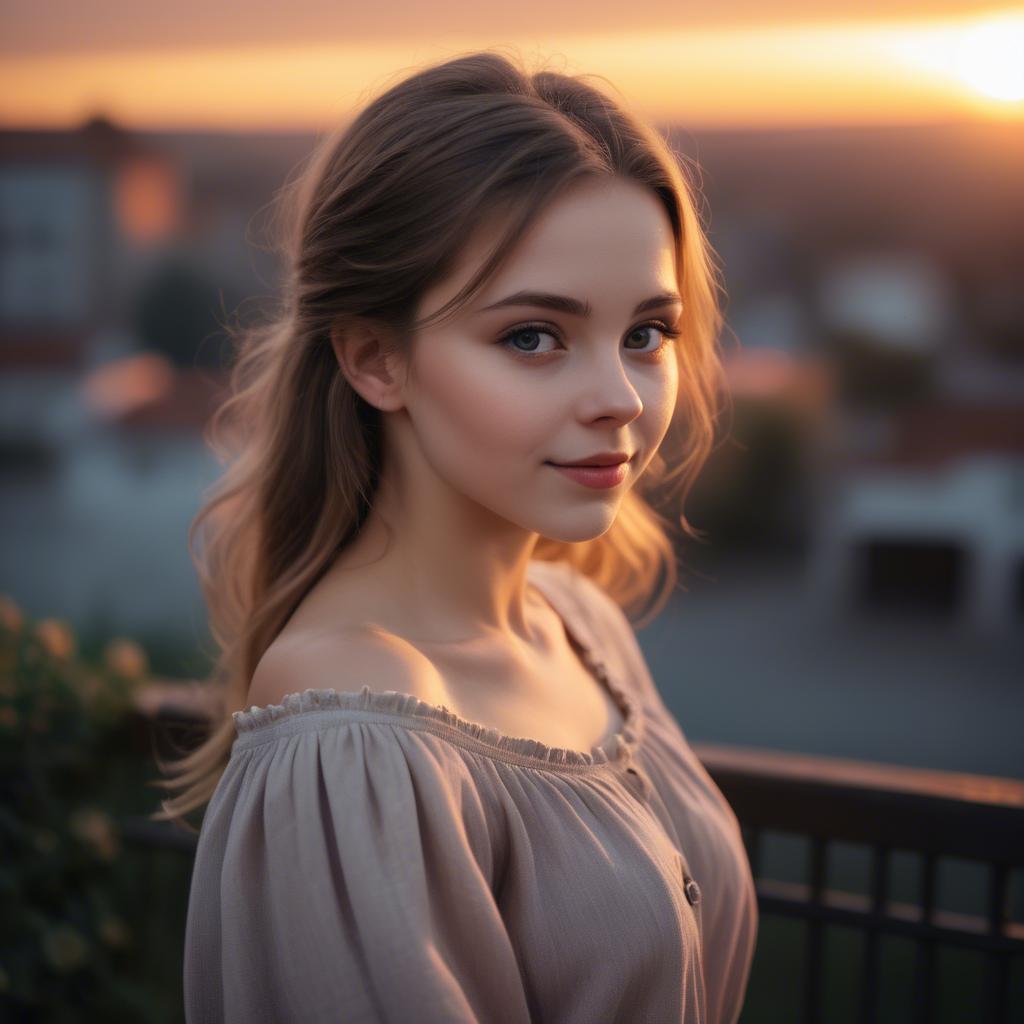 A stunning image of charming girl with a sunset background.