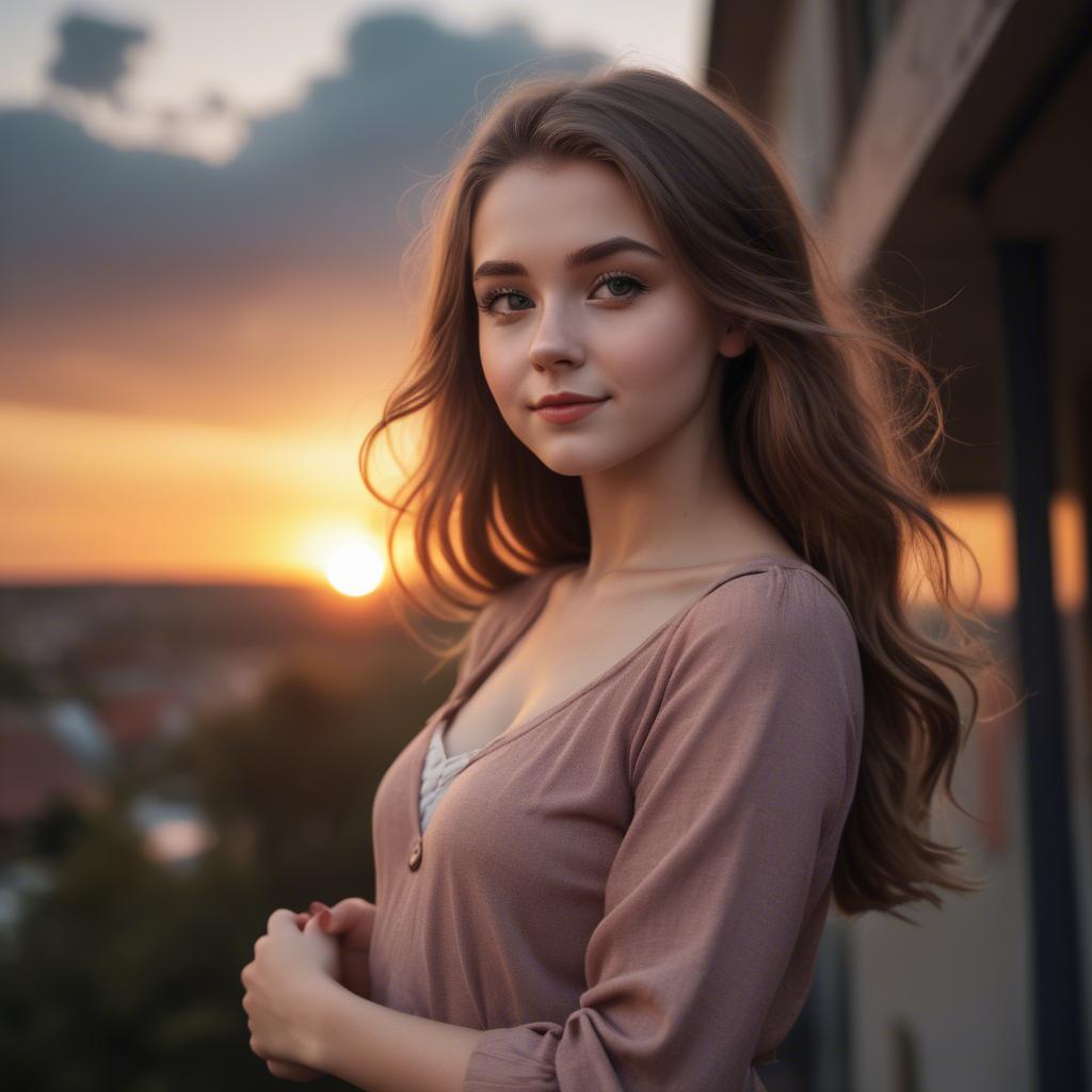 A stunning image of charming girl with a sunset background.