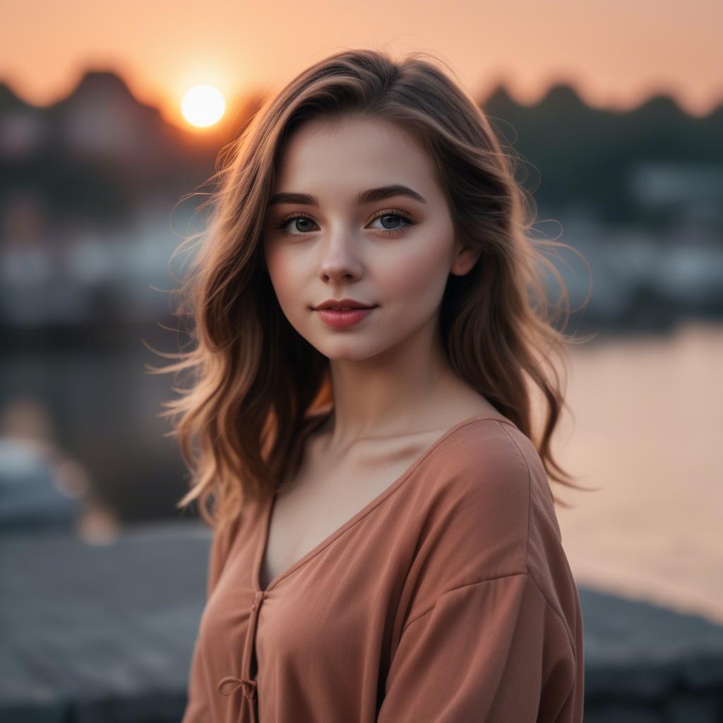 A stunning image of charming girl with a sunset background.