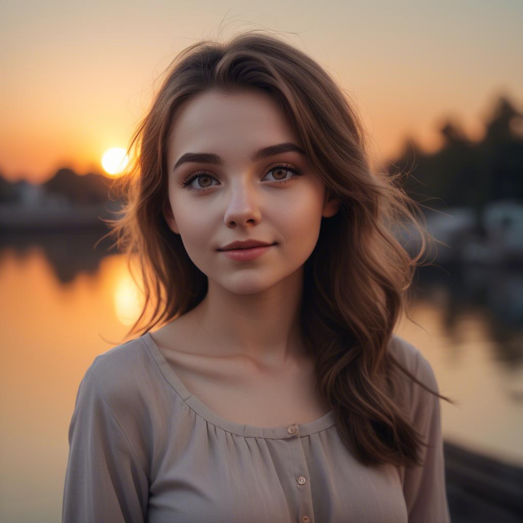 A stunning image of charming girl with a sunset background.
