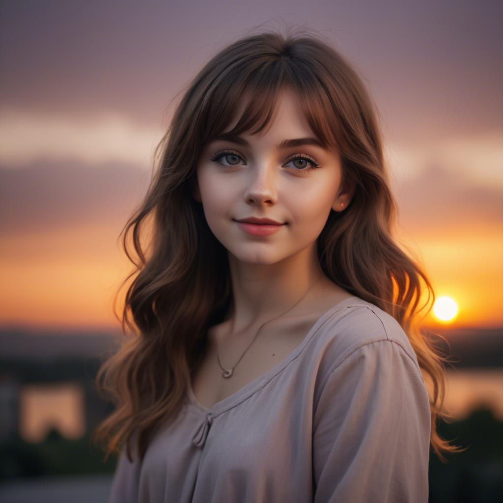 A stunning image of charming girl with a sunset background.