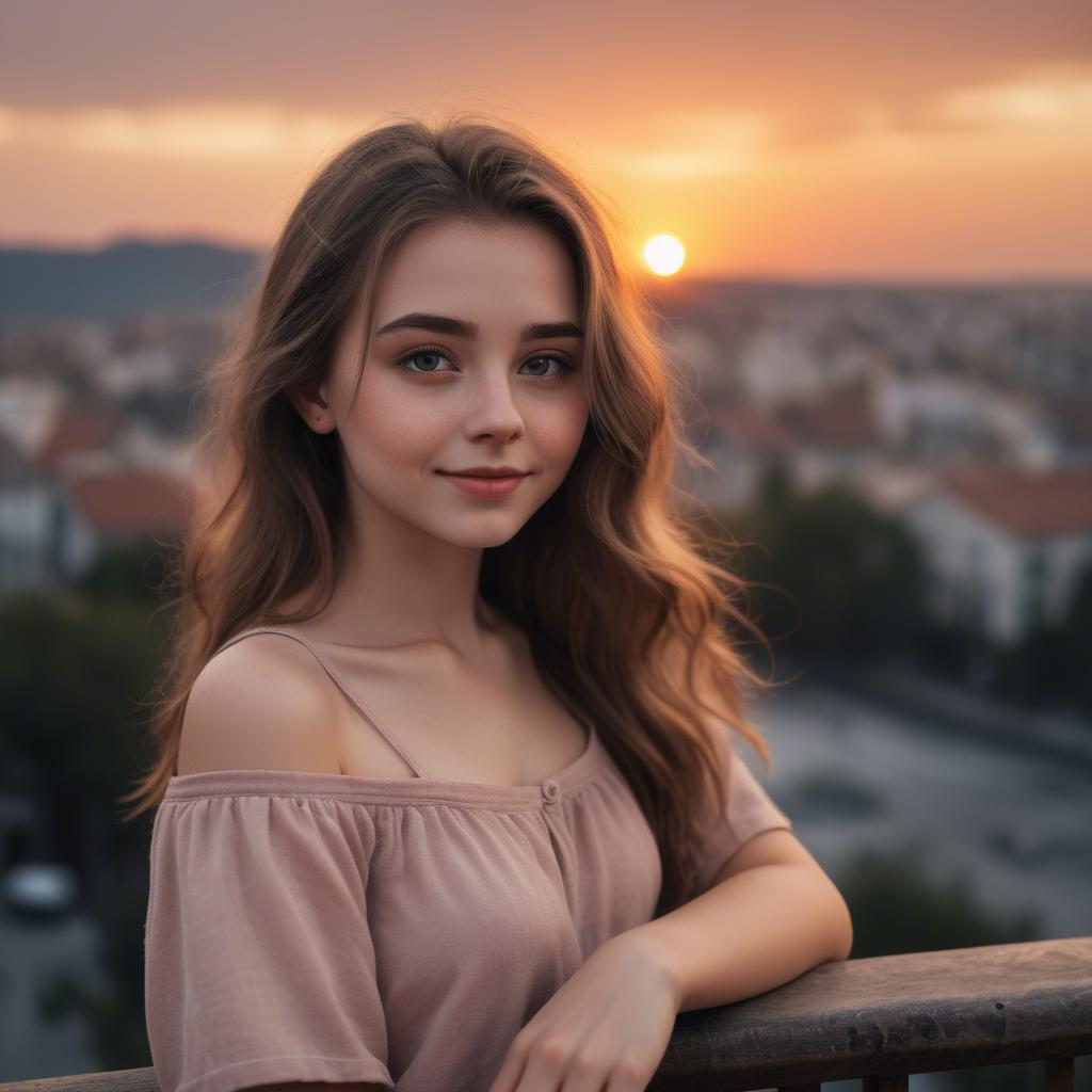 A stunning image of charming girl with a sunset background.