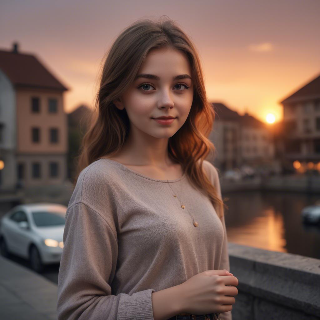 A stunning image of charming girl with a sunset background.