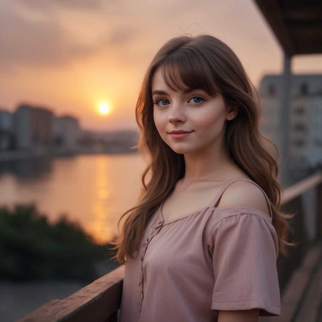 A stunning image of charming girl with a sunset background.