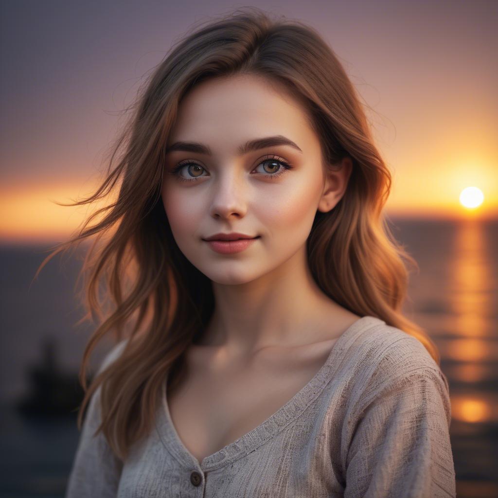 A stunning image of charming girl with a sunset background.