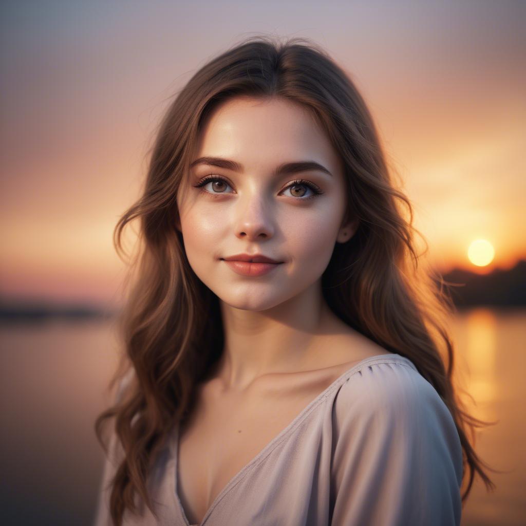 A stunning image of charming girl with a sunset background.