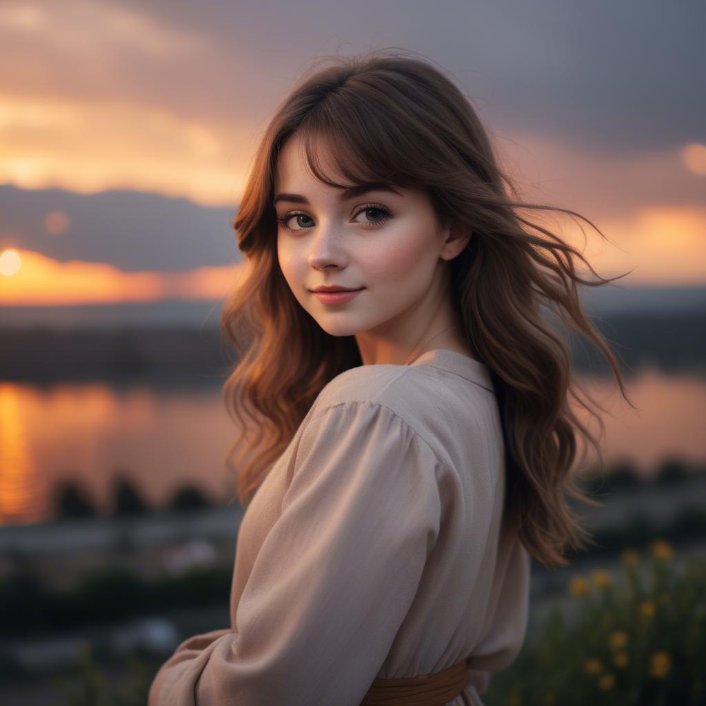 A stunning image of charming girl with a sunset background.