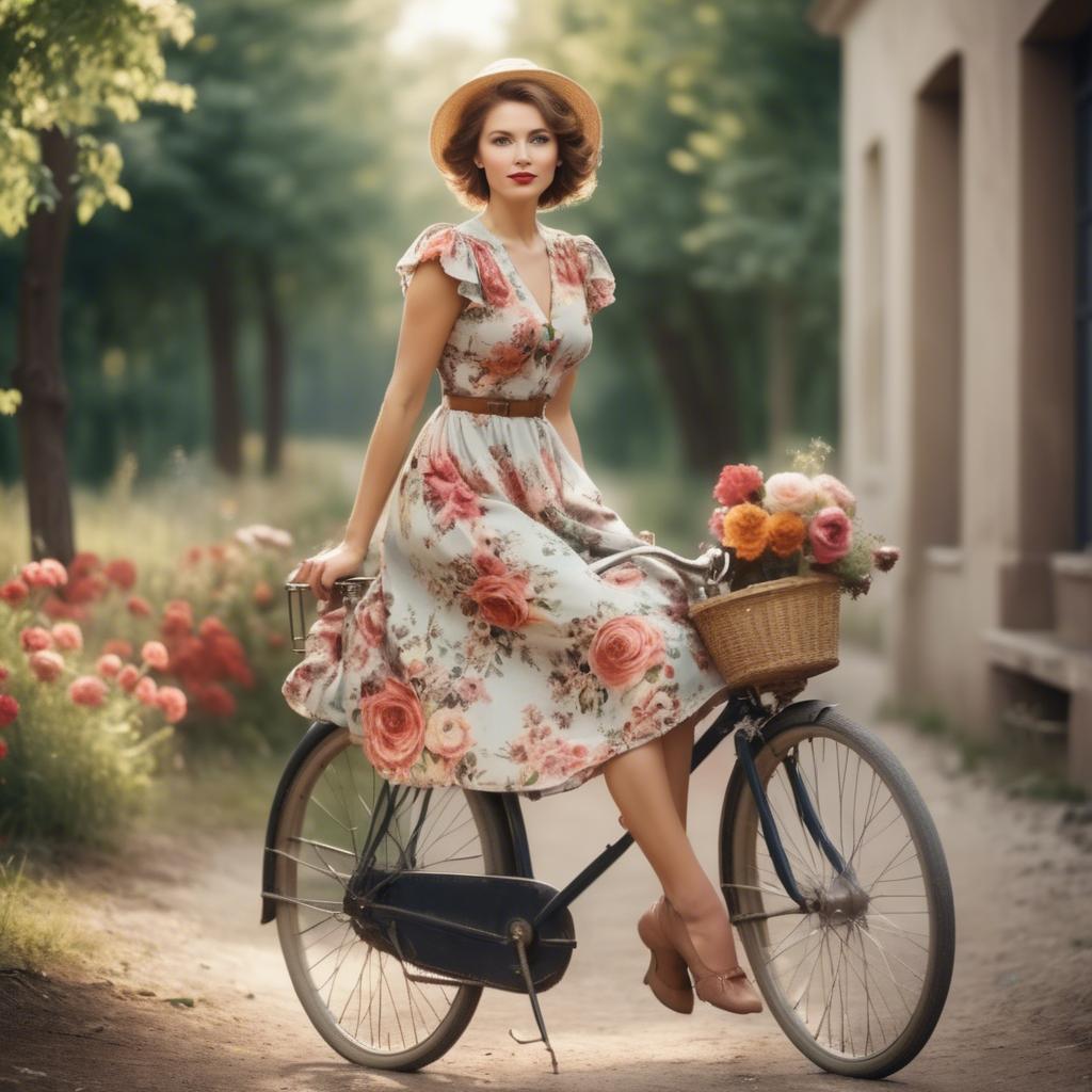 A stunning image of charming lady in a floral dress on a vintage bicycle.