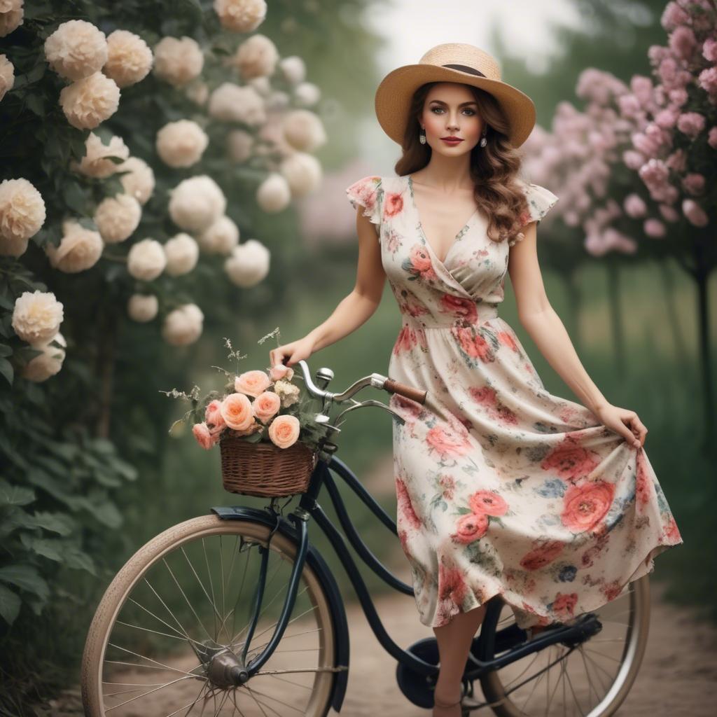 A stunning image of charming lady in a floral dress on a vintage bicycle.