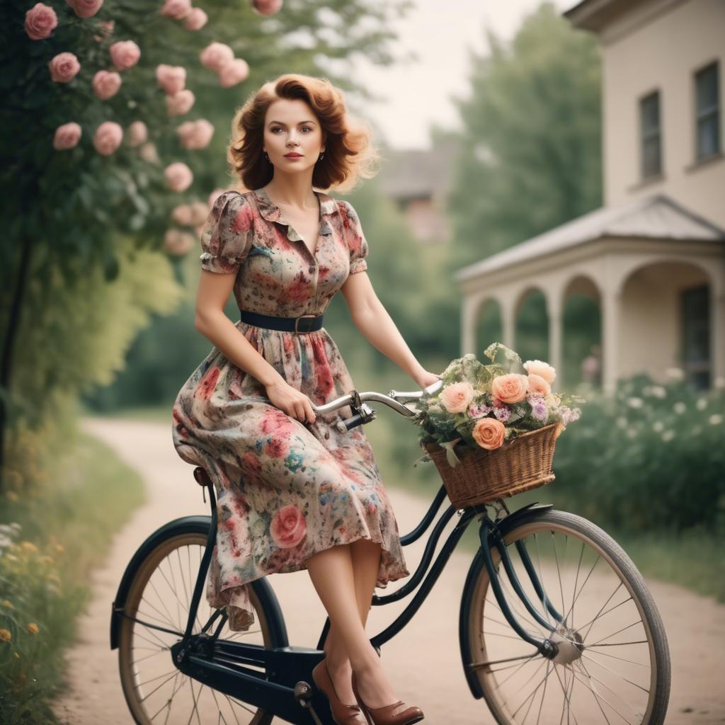 A stunning image of charming lady in a floral dress on a vintage bicycle.