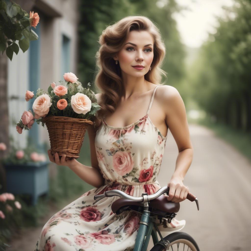 A stunning image of charming lady in a floral dress on a vintage bicycle.