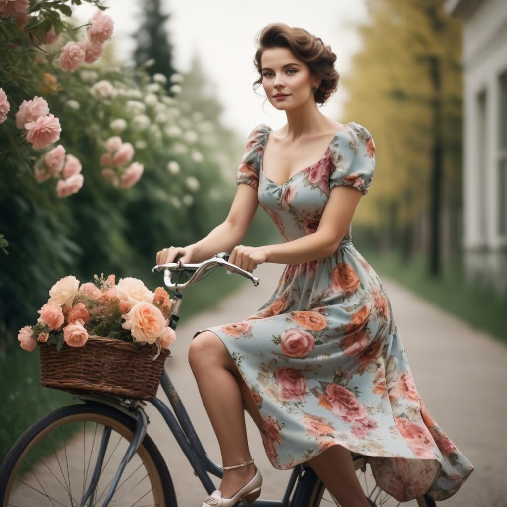 A stunning image of charming lady in a floral dress on a vintage bicycle.