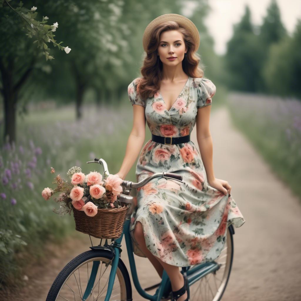 A stunning image of charming lady in a floral dress on a vintage bicycle.