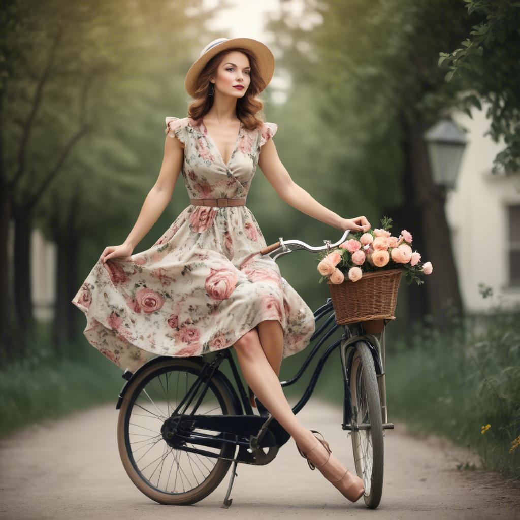 A stunning image of charming lady in a floral dress on a vintage bicycle.
