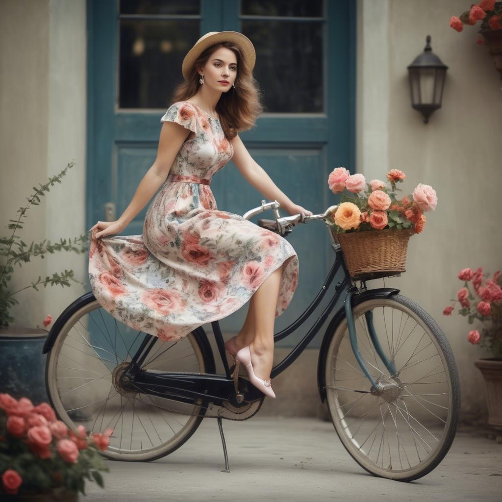 A stunning image of charming lady in a floral dress on a vintage bicycle.