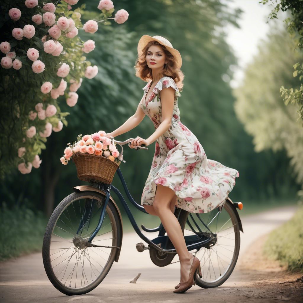 A stunning image of charming lady in a floral dress on a vintage bicycle.