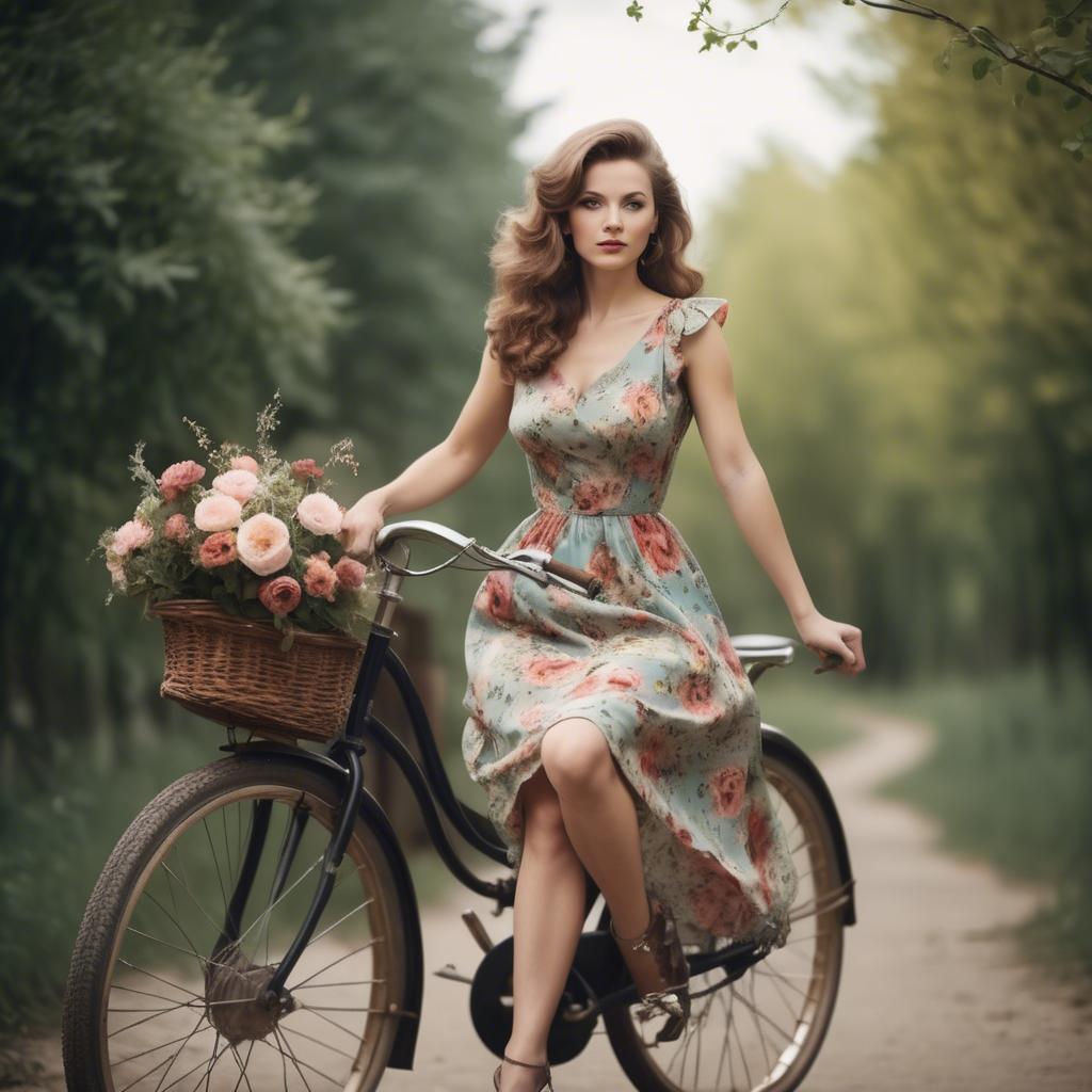 A stunning image of charming lady in a floral dress on a vintage bicycle.