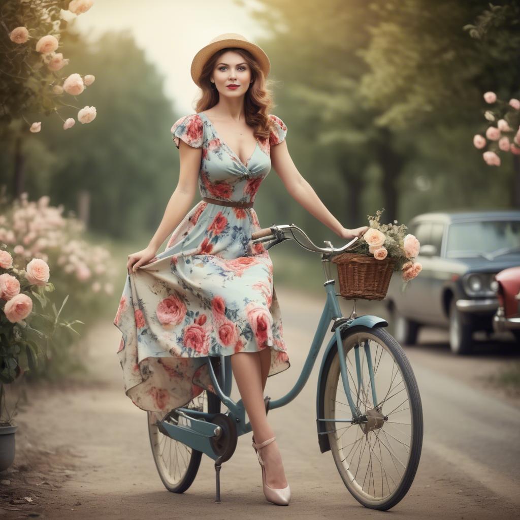 A stunning image of charming lady in a floral dress on a vintage bicycle.