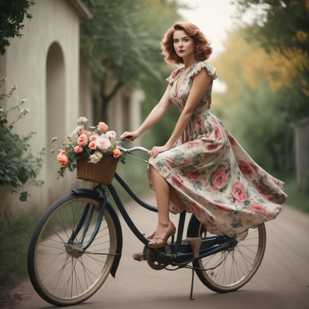 A stunning image of charming lady in a floral dress on a vintage bicycle.