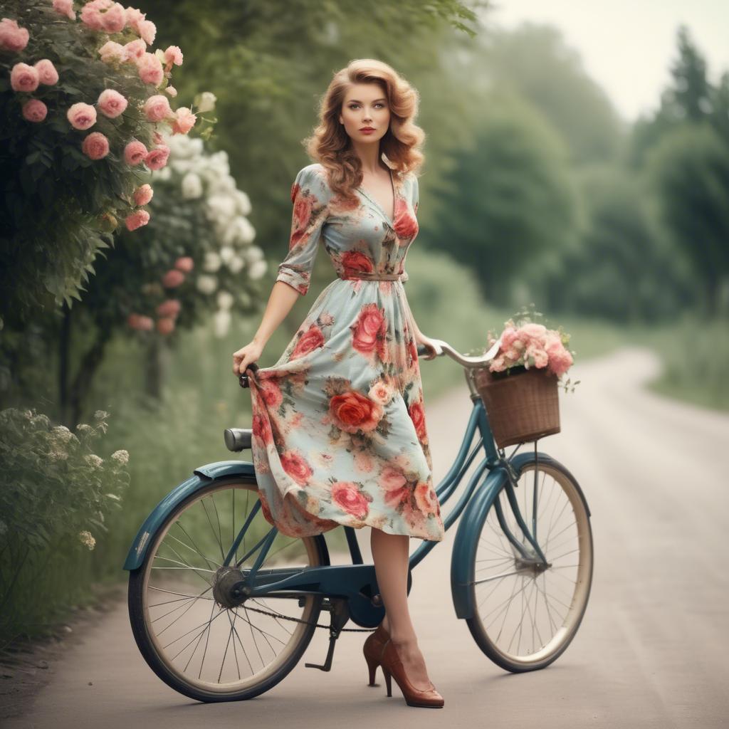 A stunning image of charming lady in a floral dress on a vintage bicycle.