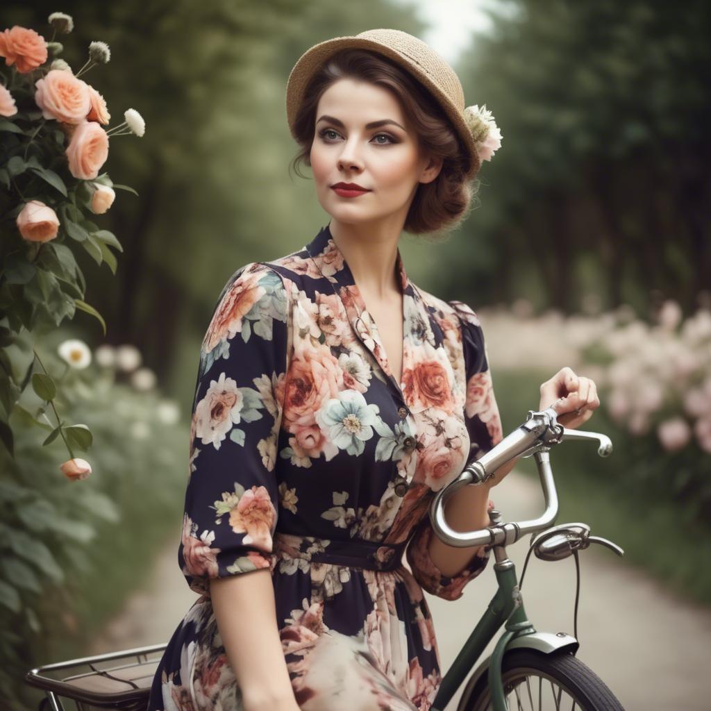 A stunning image of charming lady in a floral dress on a vintage bicycle.