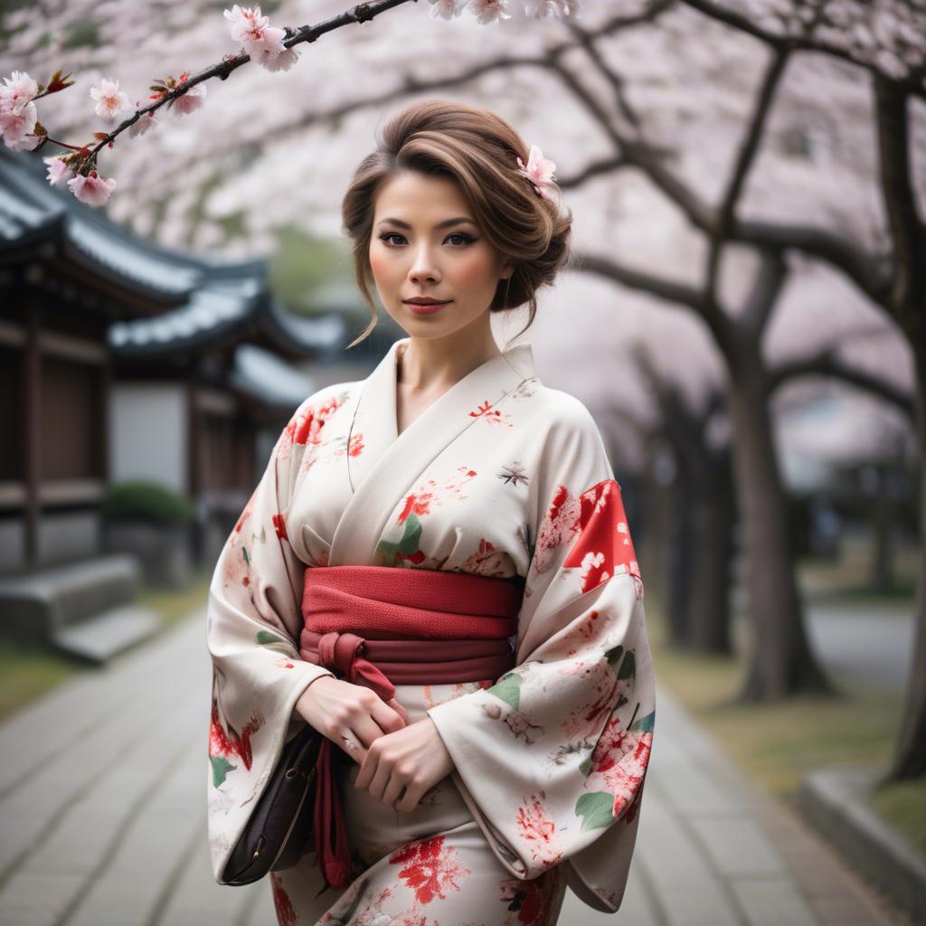 A stunning image of charming lady in a floral kimono under cherry blossoms.