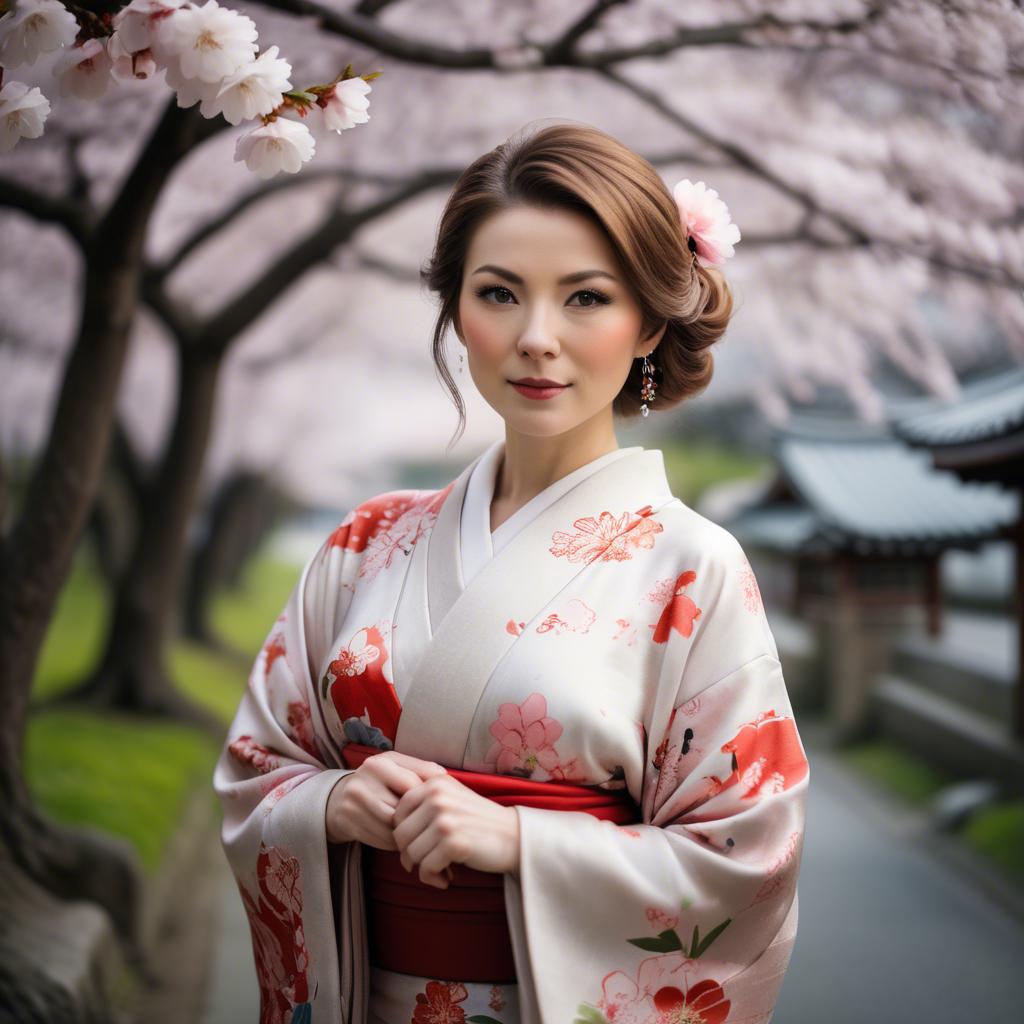A stunning image of charming lady in a floral kimono under cherry blossoms.