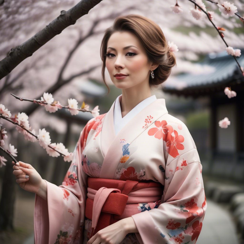 A stunning image of charming lady in a floral kimono under cherry blossoms.
