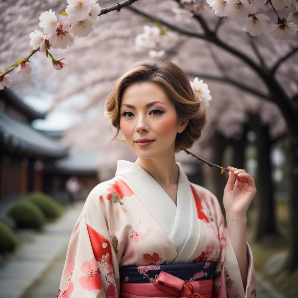 A stunning image of charming lady in a floral kimono under cherry blossoms.